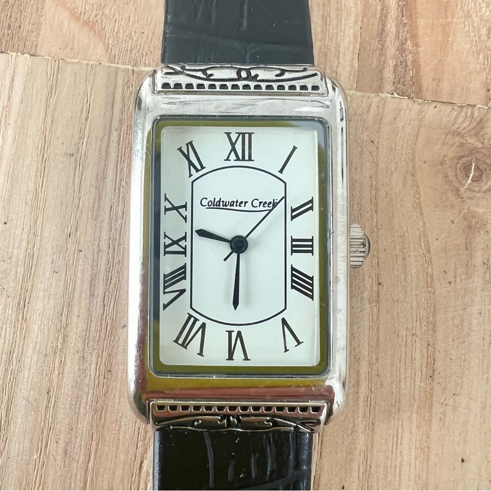 Coldwater creek ladies rectangular black leather dress watch NEW BATTERY